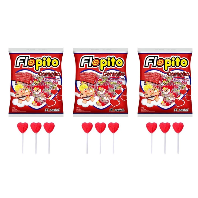 Pirulito flopito coração morango kit com 3 pacotes de 500g florestal atacado