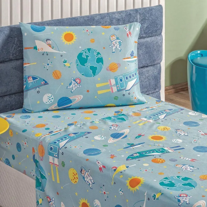 Jogo Cama Lençol Fantasy Solteiro Infantil Microfibra 3 Peças - Astronauta