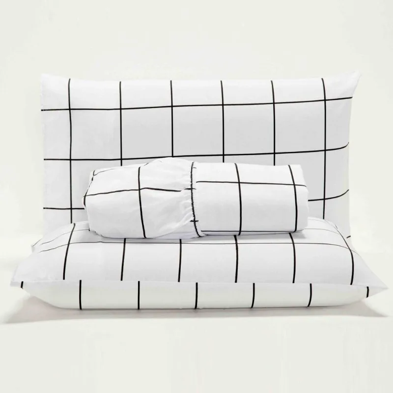 Jogo Cama Lençol Square Queen Quadriculado Percal 180 Fios 3 Peças - Branco