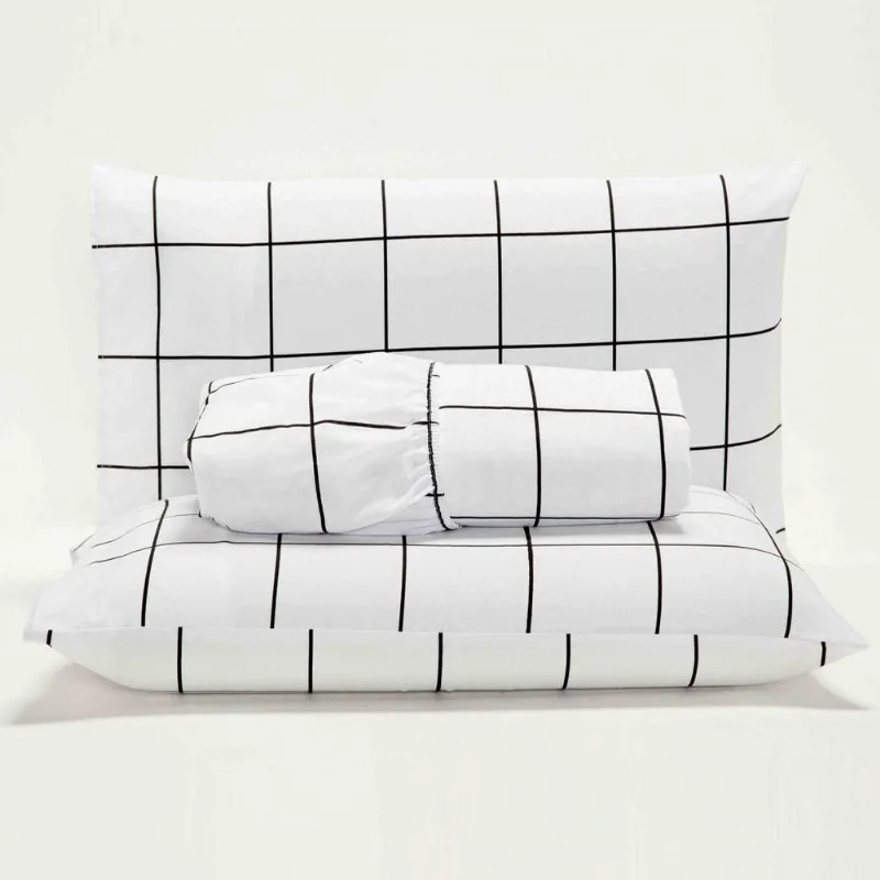 Jogo Cama Lençol Square Casal Quadriculado 3 Peças Branco
