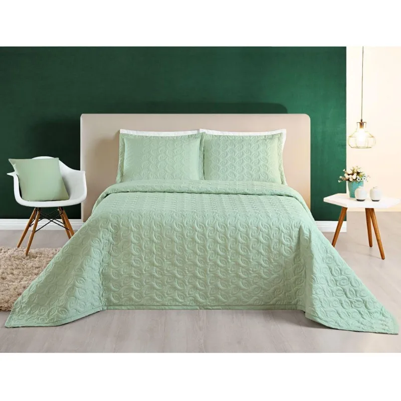 Cobre Leito Desirée Queen Bordado 200 Fios 3 Peças Verde