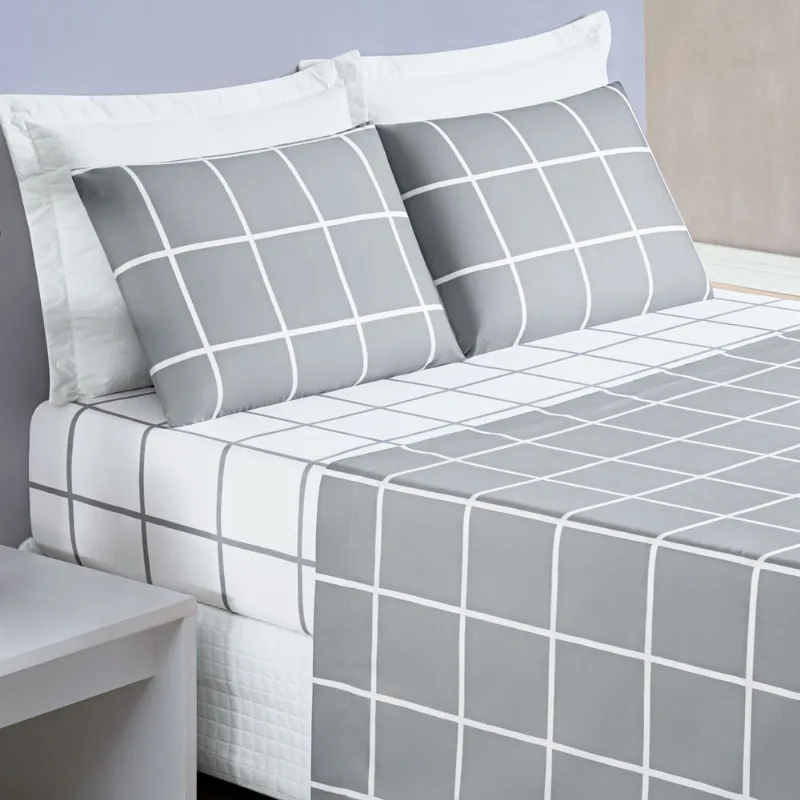Jogo Cama Lençol Brooklyn King Quadriculado Micropercal 200 Fios 4 Peças - Cinza