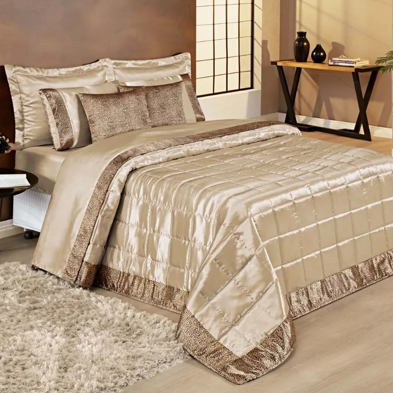 Kit Cobre Leito África King Cetim Animal Print Charmousse 7 Peças - Prata