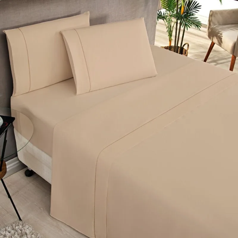 Jogo Cama Lençol Home Basic Solteiro 180 Fios C/ Ponto Palito 3 Peças - Cáqui