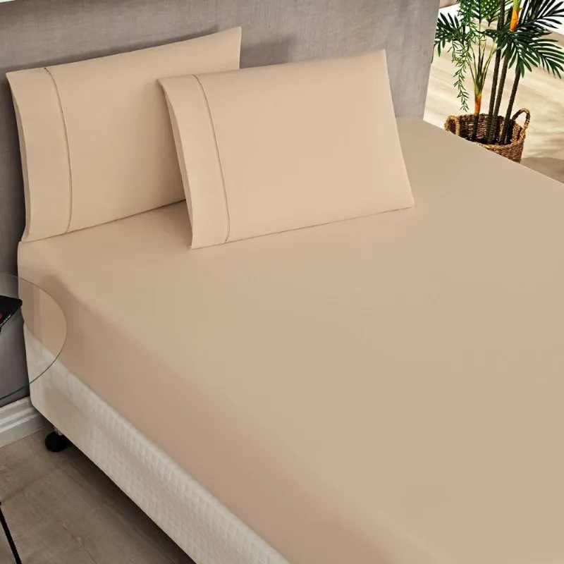 Jogo Cama Lençol Home Basic Casal 180 Fios C/ Ponto Palito 3 Peças - Cáqui