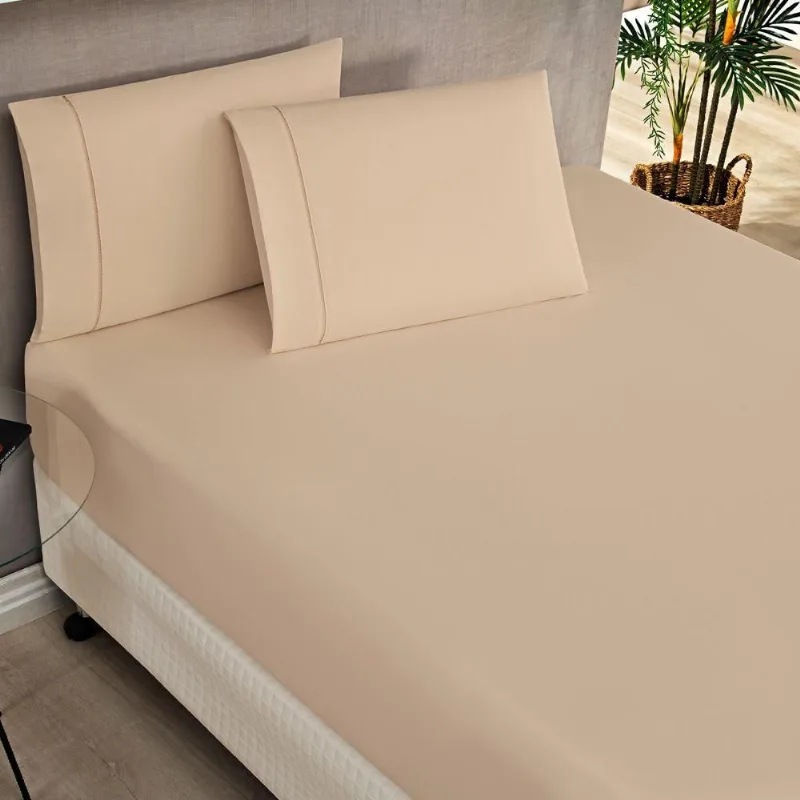 Jogo Cama Lençol Home Basic Queen 180 Fios C/ Ponto Palito 3 Peças - Cáqui