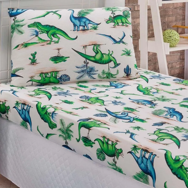 Jogo Cama Lençol Diverkids Solteiro Infantil Malha Soft 100% Algodão 2 Peças - Dinossauro Verde Azul