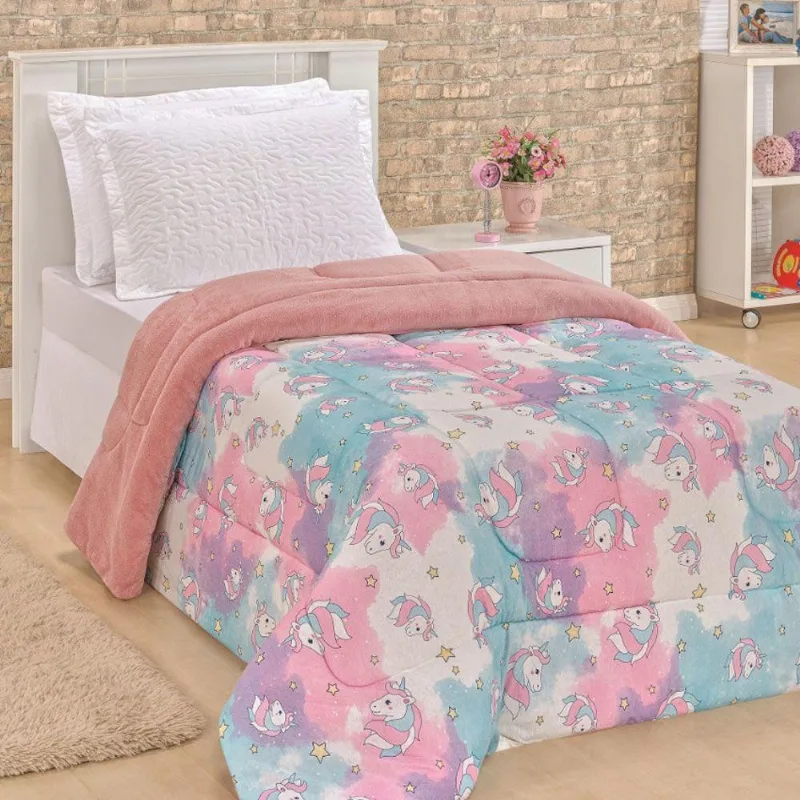 Edredom Diverkids Solteiro Infantil Malha Estampada 1 Peça - Unicórnio Rosa