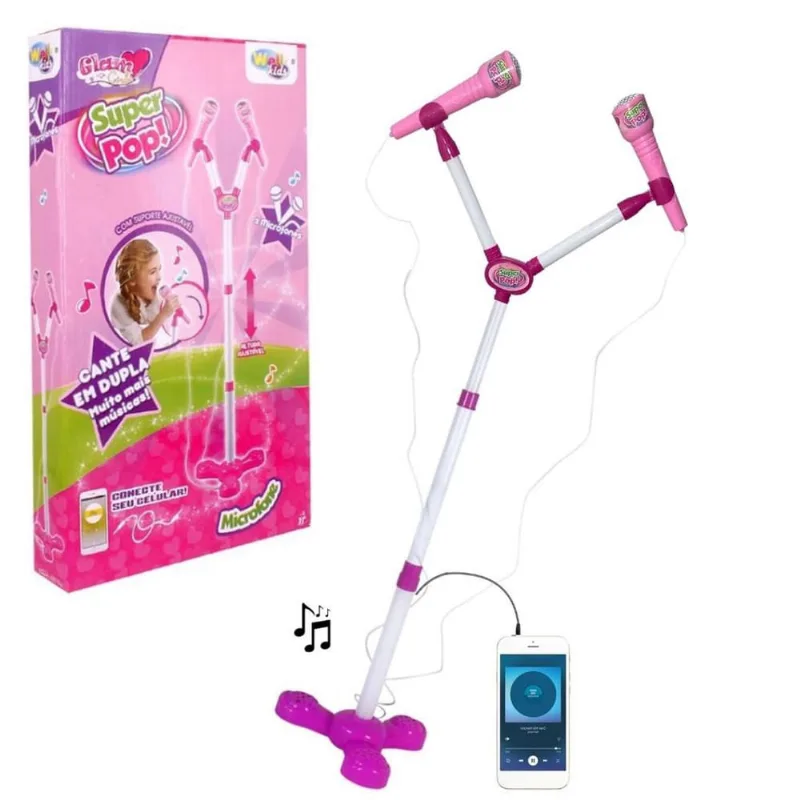 Microfone Duplo Infantil Rosa Super Pop Festa Diversão Karaokê Show em Casa