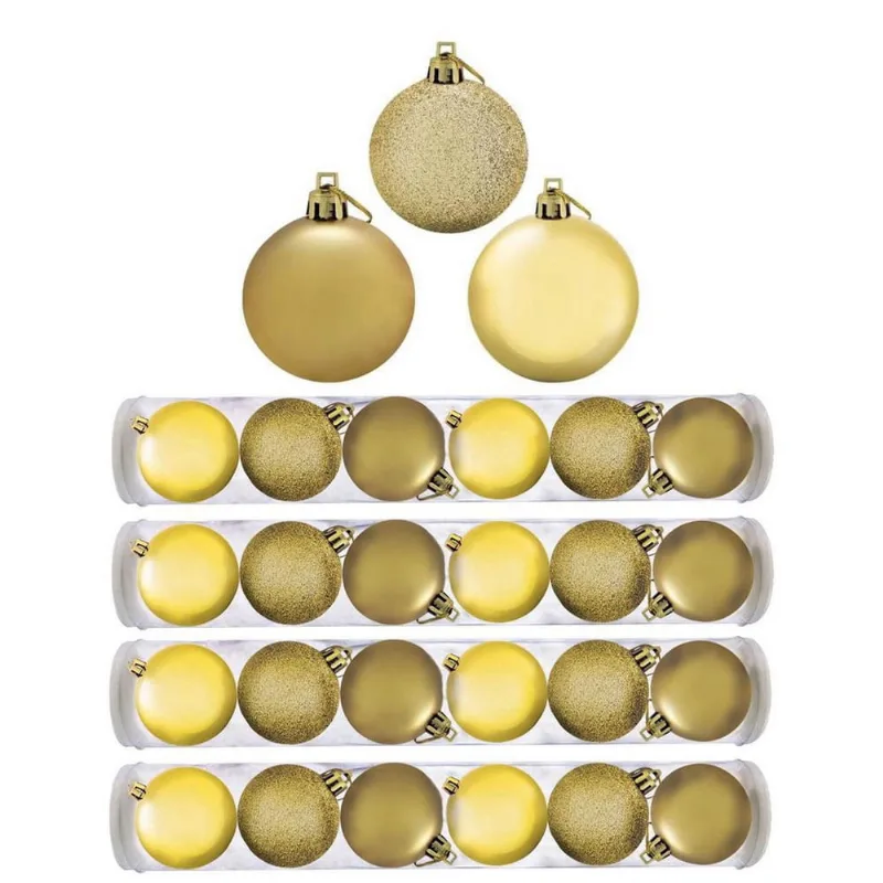 Kit Bola Natal Gliter, Fosco e Brilho Dourado 24 Peças 8cm
