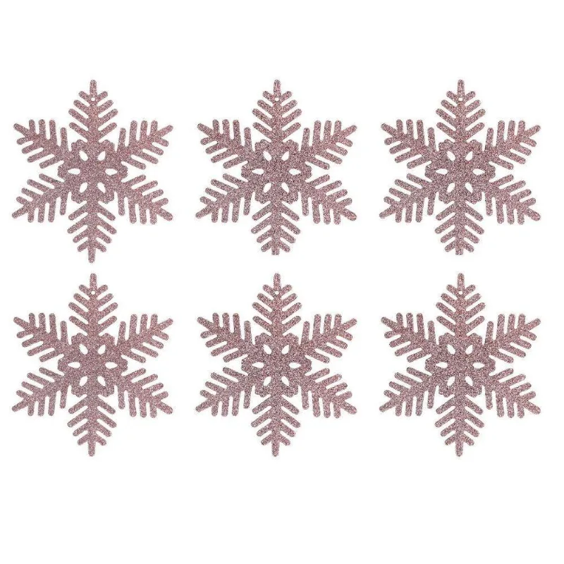 Enfeite Natalino Floco Neve Gliter Rosê Gold Com Cordão Rosê Yangzi 6 Peças