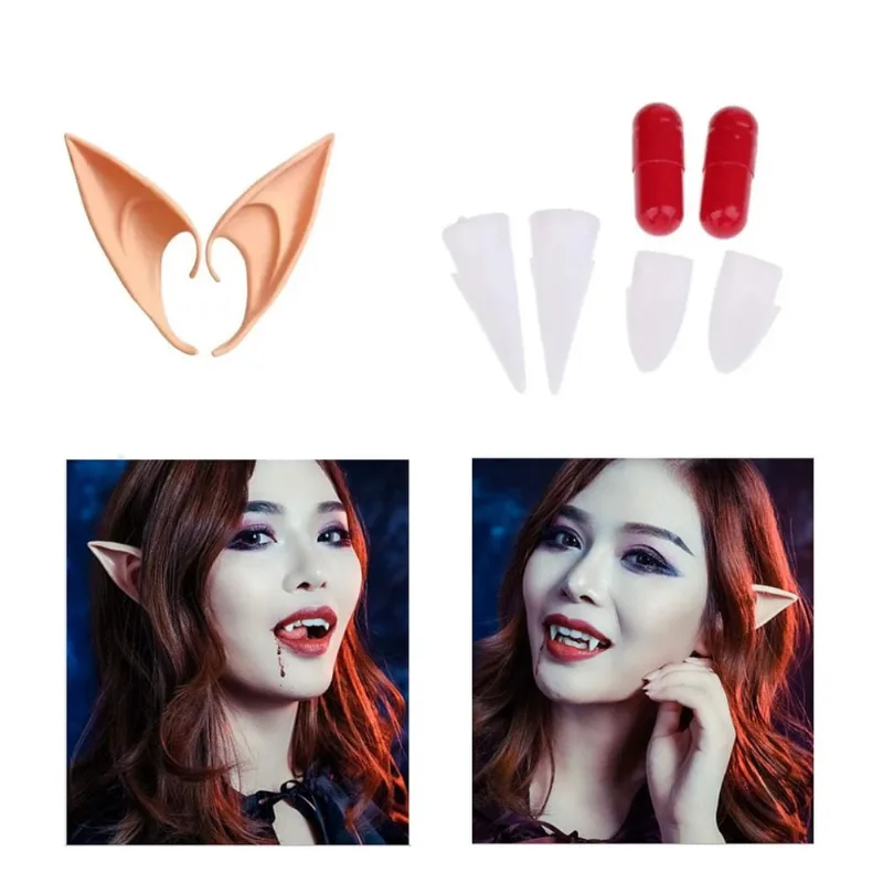 Kit Orelhas De Elfo, dentes de vampiro c/ cápsula de sangue falso p/ Fantasia