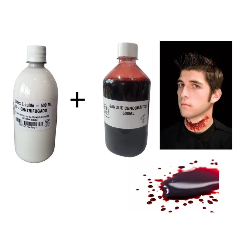 Kit Efeito Especial Sangue Falso Artificial 500ml + Látex 500ml p/ Festa, cosplay