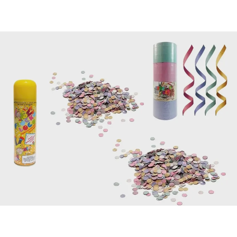 Kit Carnaval Com 5 Espumas + 5pcs Serpentinas + 5pcts Confetes