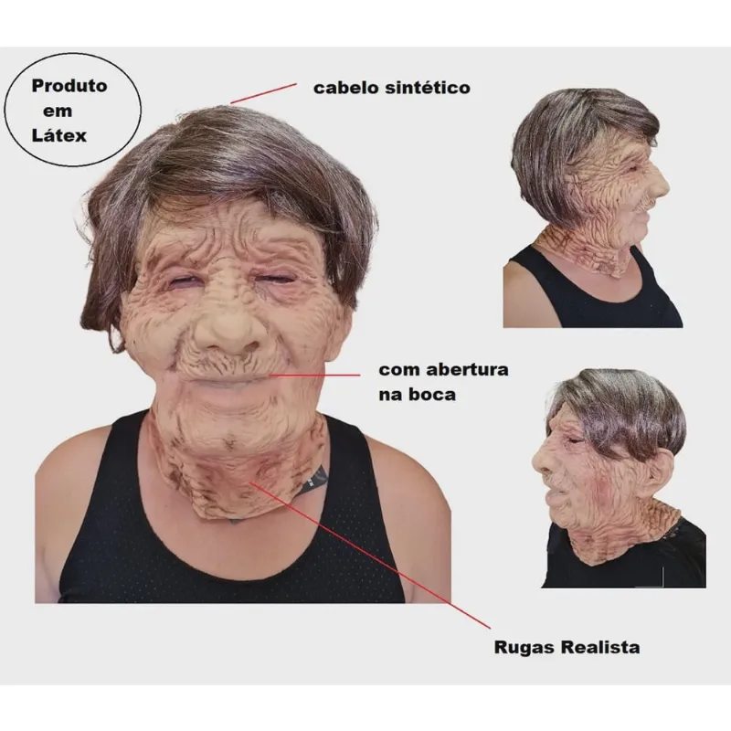 Máscara De Látex Velha Idosa Rugas com cabelo e boca aberta Realista