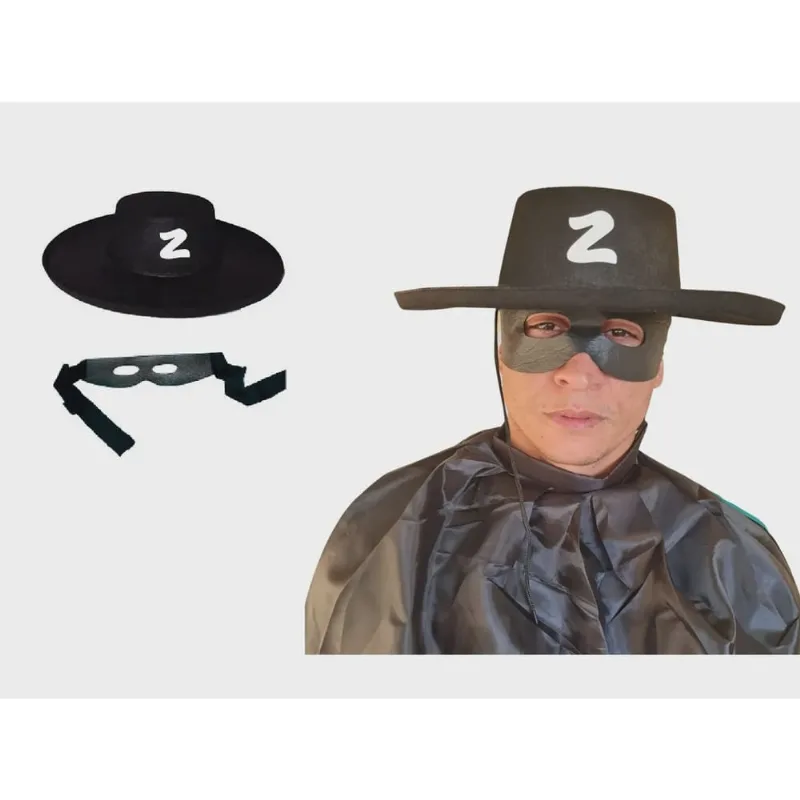 Fantasia Kit Zorro Chapéu e Máscara Carnaval Festa
