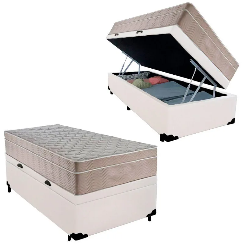 Cama Box Baú Solteiro Sintético + Colchão De Molas Ensacadas - - 88cm Branco
