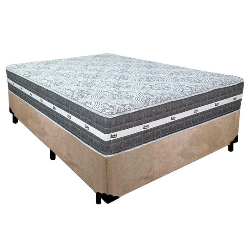 Cama Box Casal Suede + Colchão Anjos Black Graphite Molas Ensacadas 138x188x64cm Cor:bege