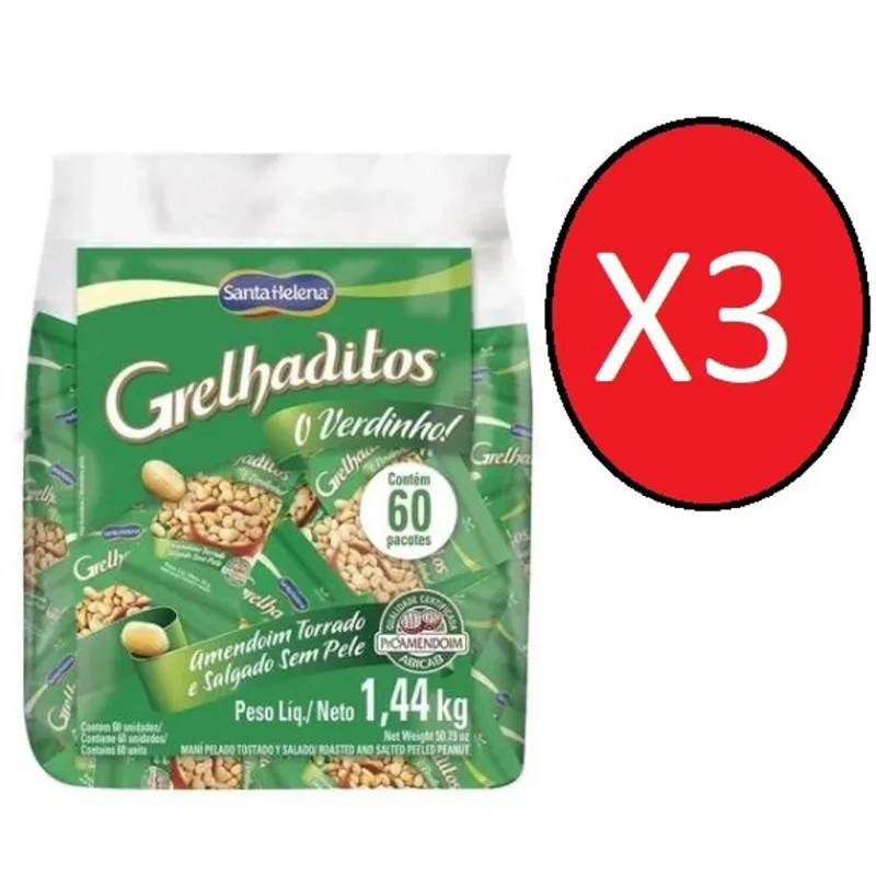 Kit 3 Pct Amendoim Grelhaditos s/ pele Santa Helena 60x24g - 1,440KG