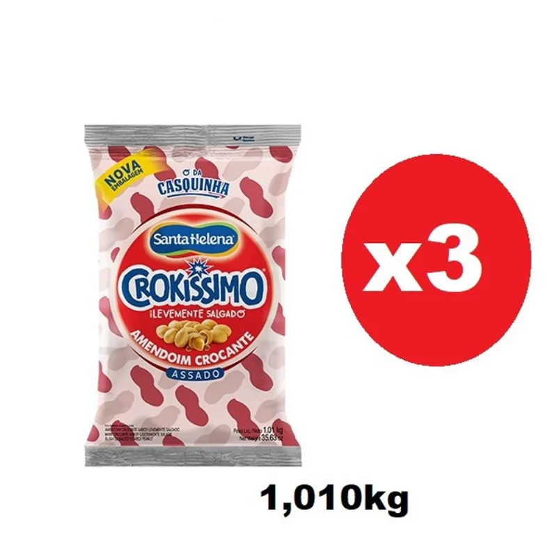 Kit 3 pacotes Amendoim Crocante Salgado Crokissimo 1,01kg.