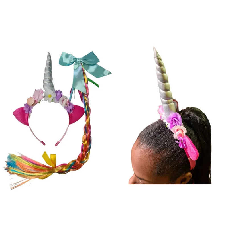 Kit Arco Tiara Unicórnio c/flores e trança Infantil Sortido