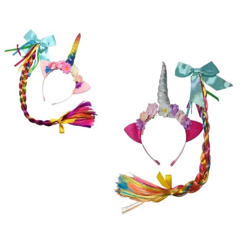 Kit Tiara Arco Infantil Unicórnio c/flores e trança Sortido
