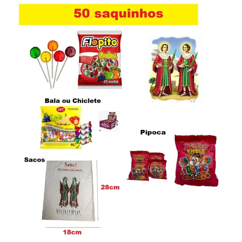 Kit 50 Saquinhos de Doces Festa Cosme e Damião Simples