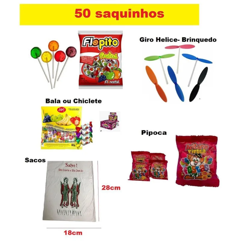 Kit 50 Saquinhos De Doces Festa Cosme E Damião Com Brinquedo