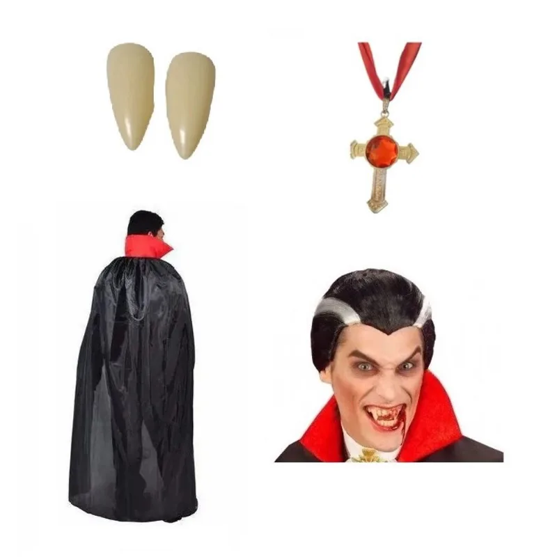 Kit fantasia Vampiro Peruca, Capa, Dente de resina e colar