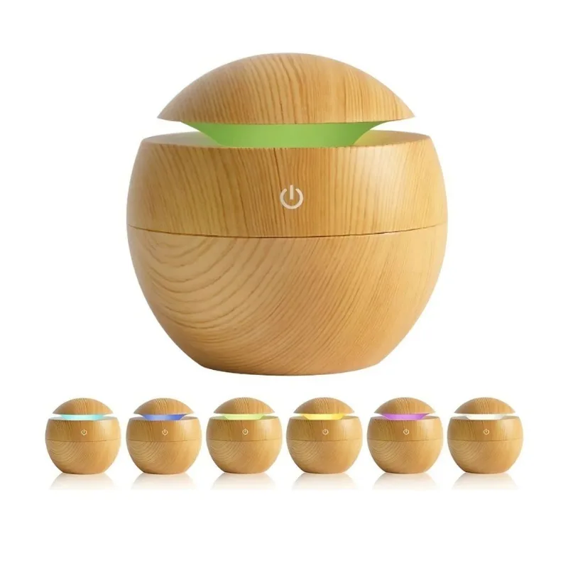 Aromaterapia Difusor Esfera Madeira Luz 7 Cores USB
