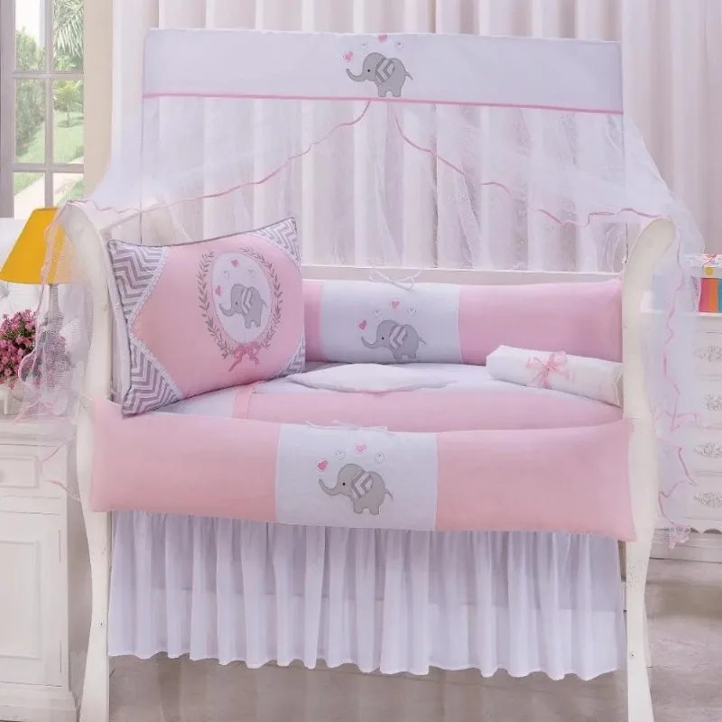 Kit De Berço Menina Padrão Americano 9p Mosq Elefante Rosa
