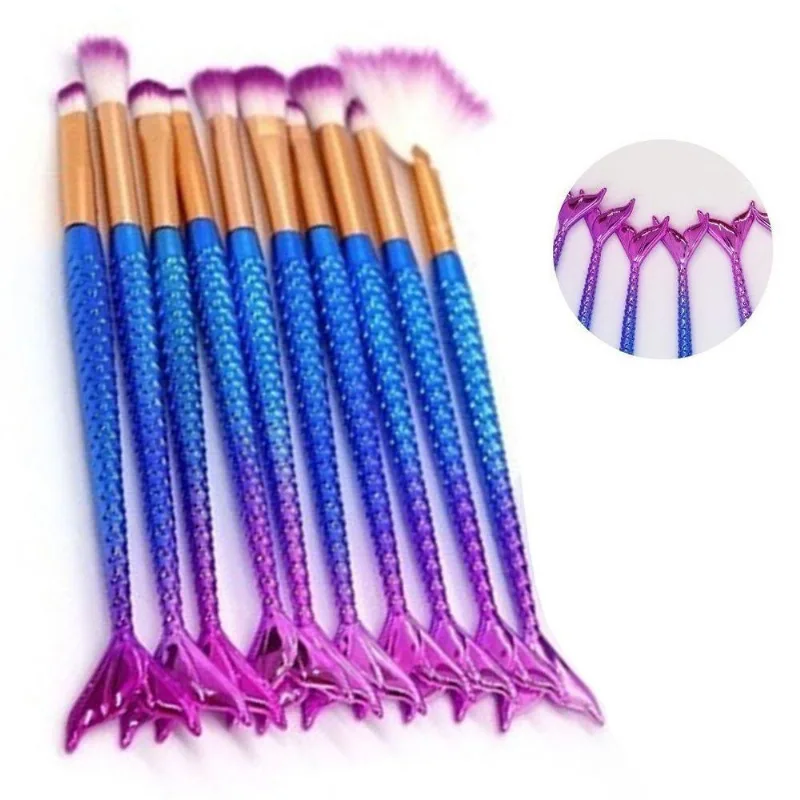 Pincel Sereia Kit 10 Peças Maquiagem Portatil Mermaid