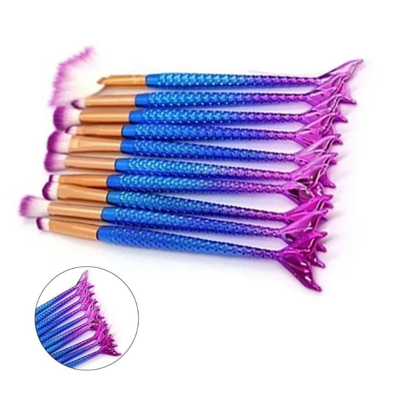 Pincel Maquiagem Kit 10 Peças Sereia Sombra Delineador Merma