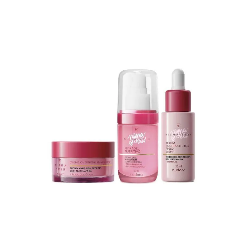 Combo Niina Skin: Hidragel Nutritivo 30ml + Sérum Facial 30ml + Creme Overnight 45g