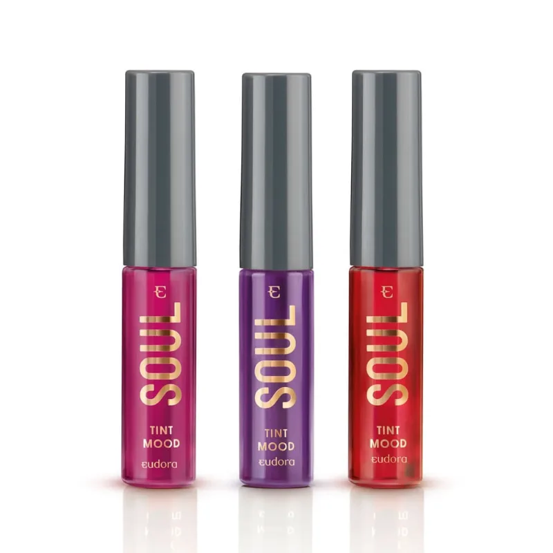 Combo Batom Líquido Soul Tint Mood: Rosado Energy + Vermelho Happy + Uva Relax