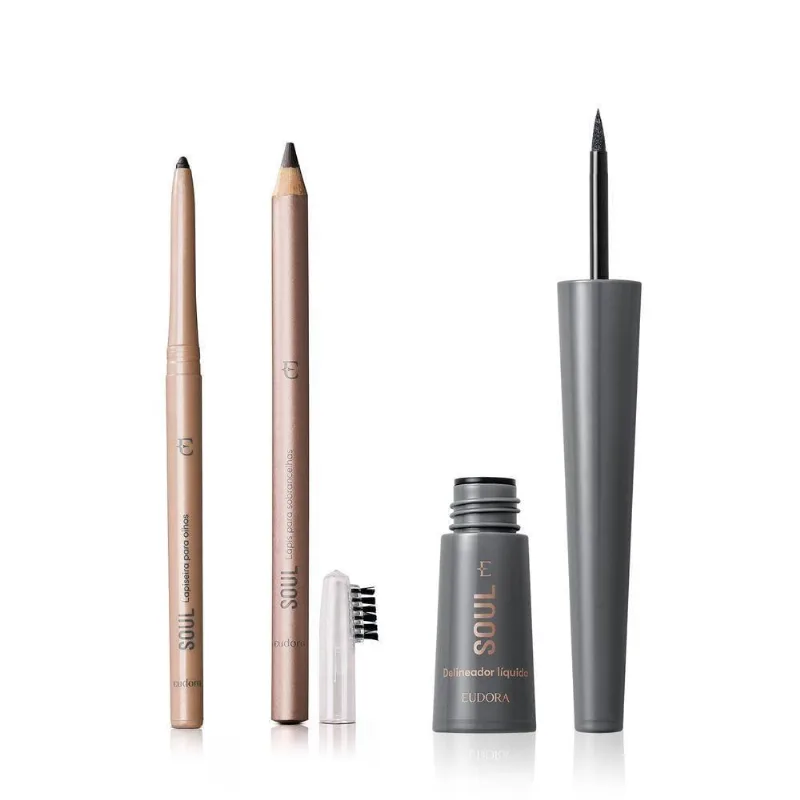 Lapiseira Retrátil 350mg + Delineador Líquido Preto 2,5ml + Lápis Para Sobrancelha Médio Escuro 1,1g