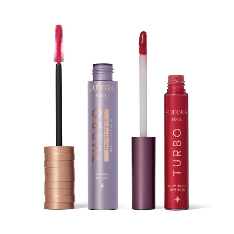 Combo soul Turbo: Máscara Cílios Ultra Resistente 10g + Batom Líquido Vermelho Turbinado Semi Mate 5ml