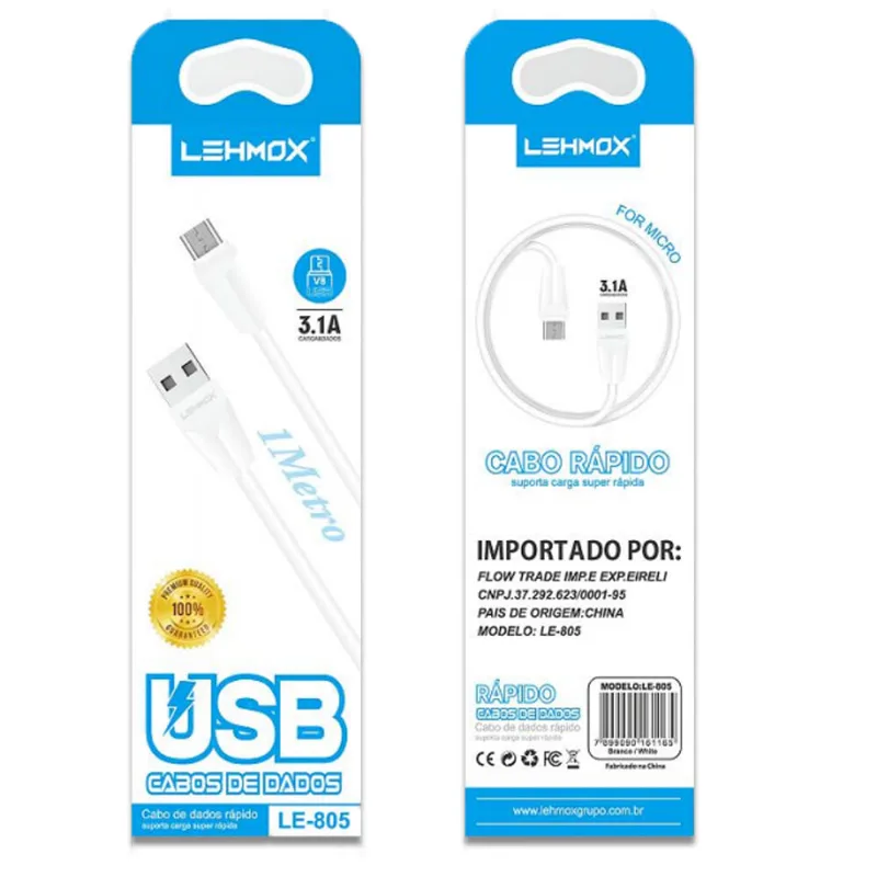 Cabo V8 Com 1 Metro Usb 3.1a E Carregamento Rápido
