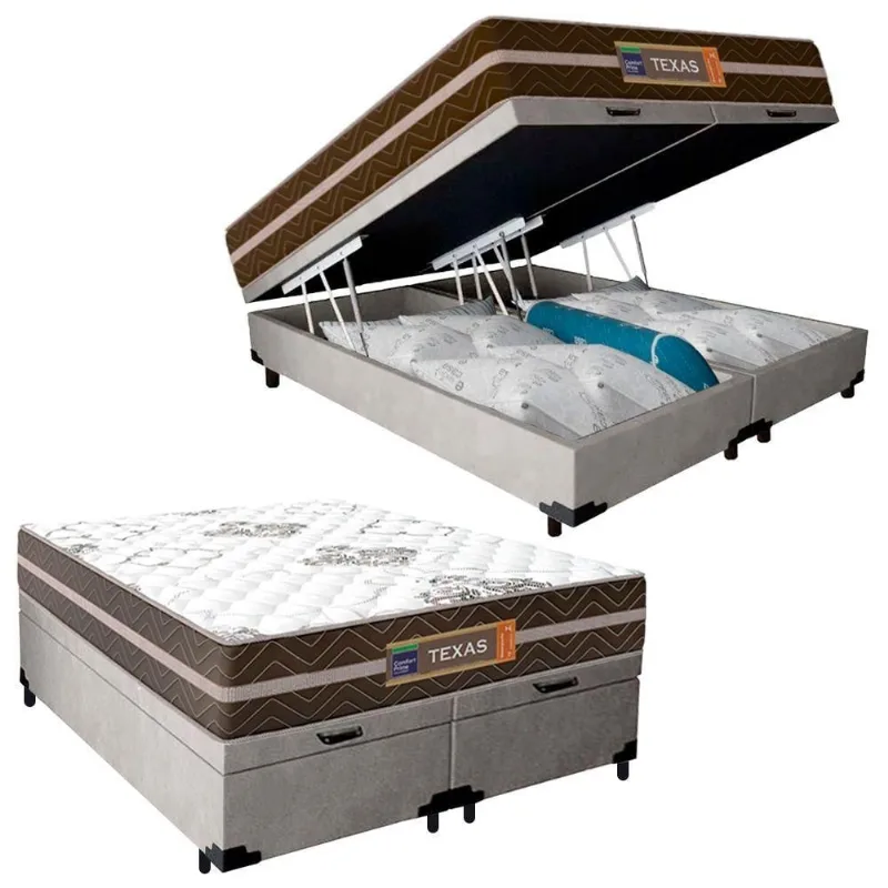 Cama Box Baú Casal Bipartido Suede + Colchão Molas Ensacadas Texas Colchões 138cm - Suporta Até 120kg Por Pessoa