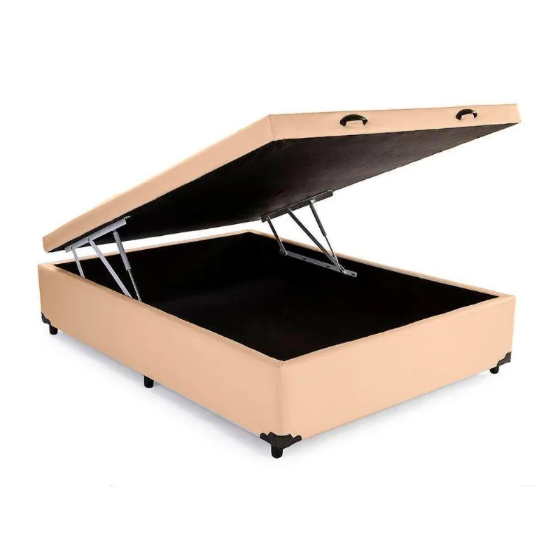 Cama Box Baú Casal King Design Sintético Bege 138x188x41