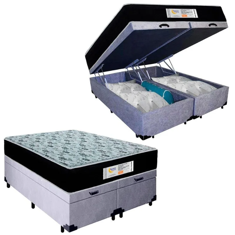 Cama Box Baú Queen Bipartido Suede + Colchão Molas Ensacadas Sonnolux 158x198x69 Cinza