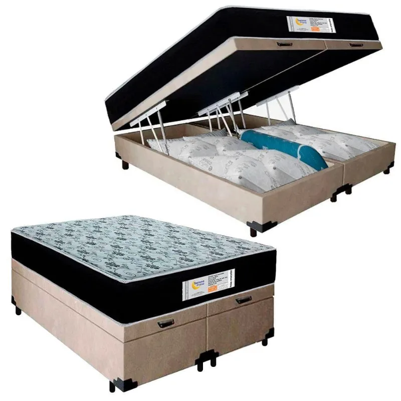 Cama Box Baú Queen Bipartido Suede + Colchão Molas Ensacadas Sonnolux 158x198x69 Bege