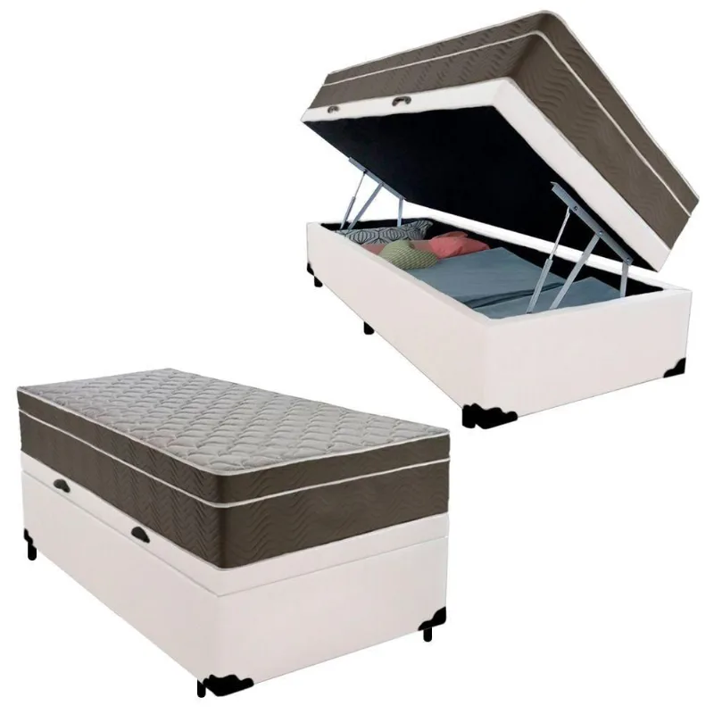 Cama Box Baú Solteiro Sintético + Colchão De Molas Ensacadas - Serene - 88cm Branco