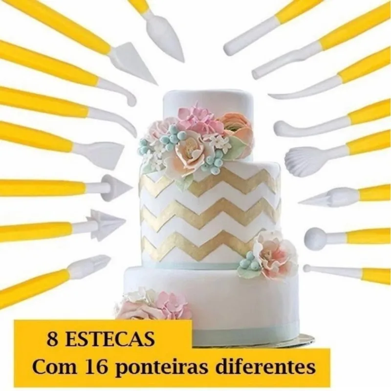 Kit Completo 16 Ponteiras 8 Estecas para Artesanato e Confeitaria