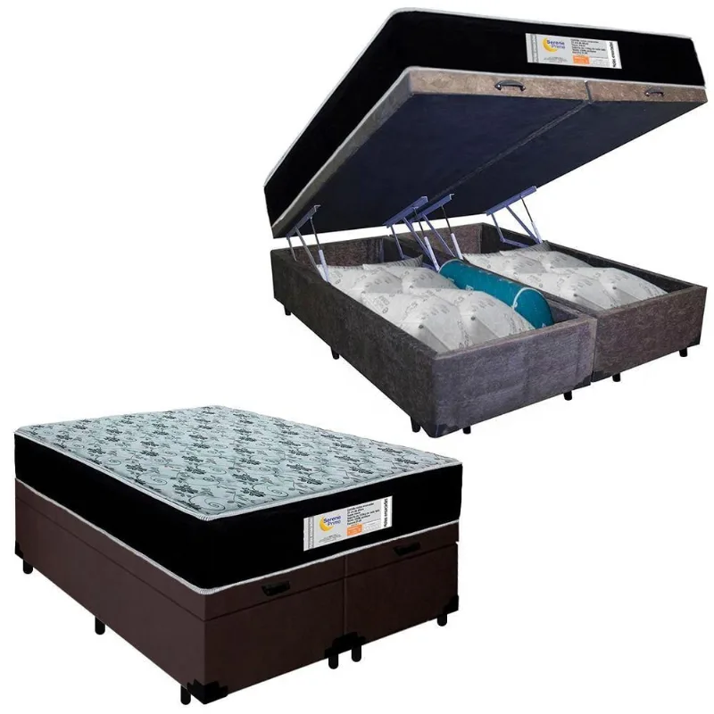 Cama Box Baú Queen Bipartido Suede + Colchão Molas Ensacadas Sonnolux 158x198x69 Marrom