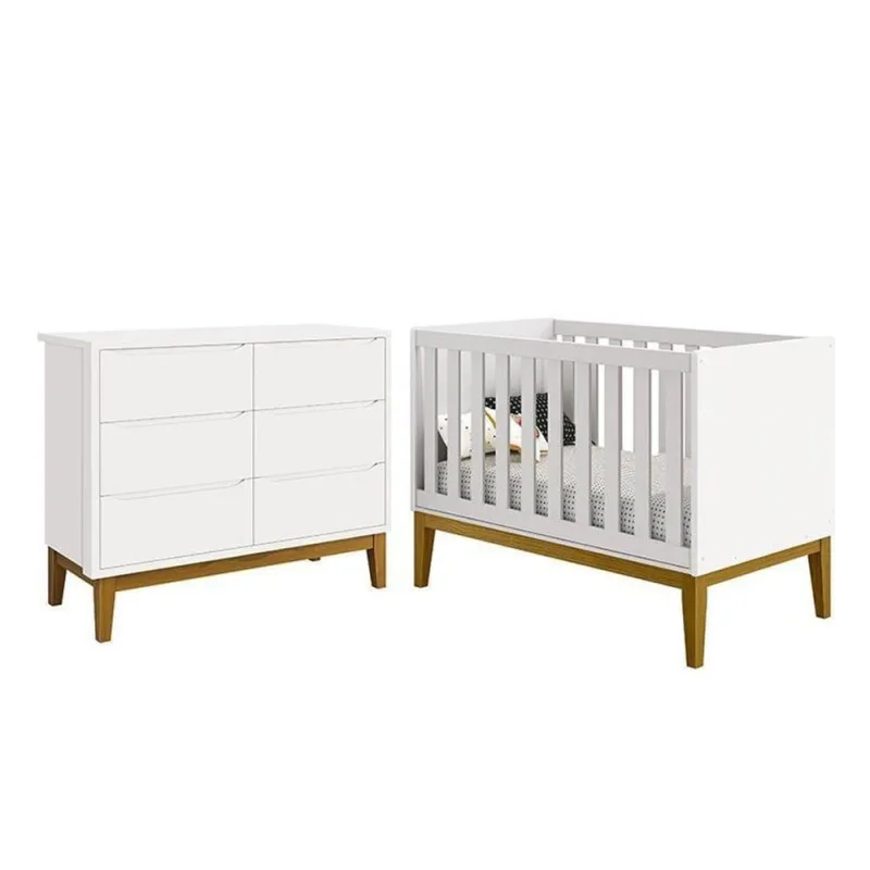 Jogo de Quarto Infantil Cômoda 6 Gavetas e Berço Americano MDF Branco Fosco Reller Móveis - OUTRAS - Agro