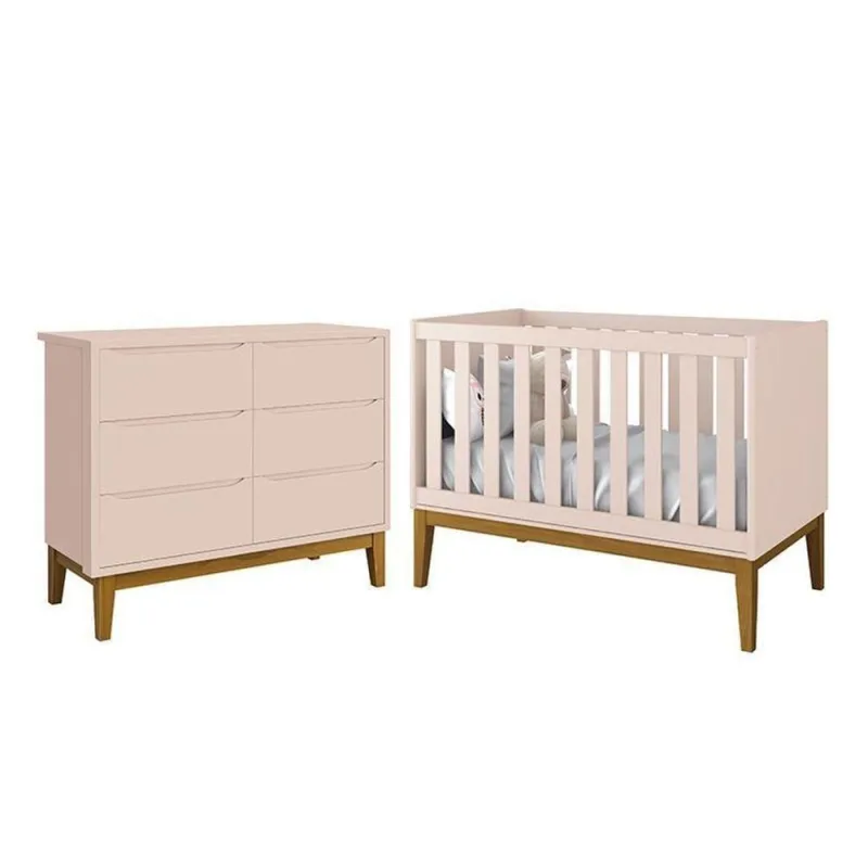 Jogo de Quarto Infantil Berço Americano e Cômoda 6 Gavetas MDF Puxador Embutido Rosa Fosco Reller - OUTRAS - Agro