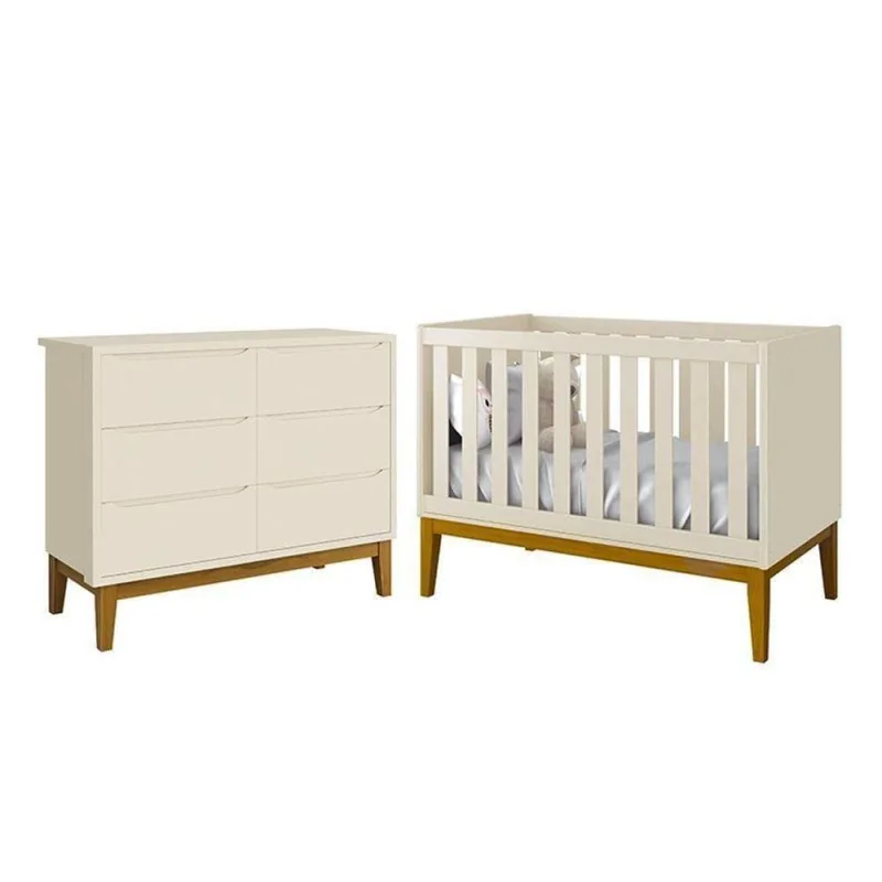 Jogo de Quarto Infantil Cômoda 6 Gavetas e Berço Americano MDF Areia Fosco com Pés Amadeirado Reller - OUTRAS - Agro