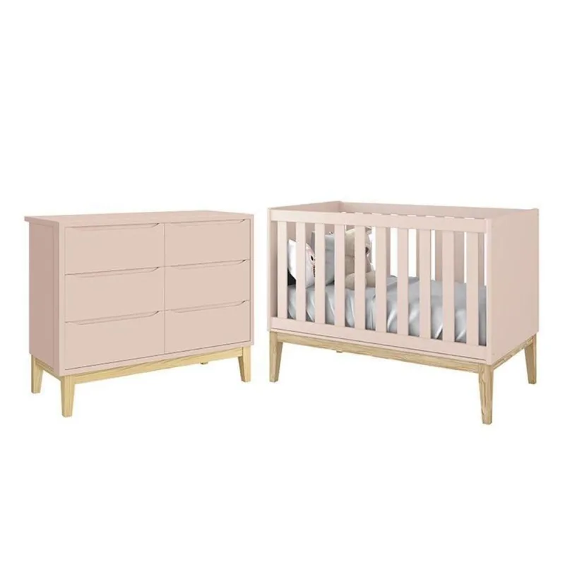 Jogo de Quarto Infantil Classic Cômoda 6 Gavetas e Berço MDF Rosa Fosco Reller Móveis - OUTRAS - Agro
