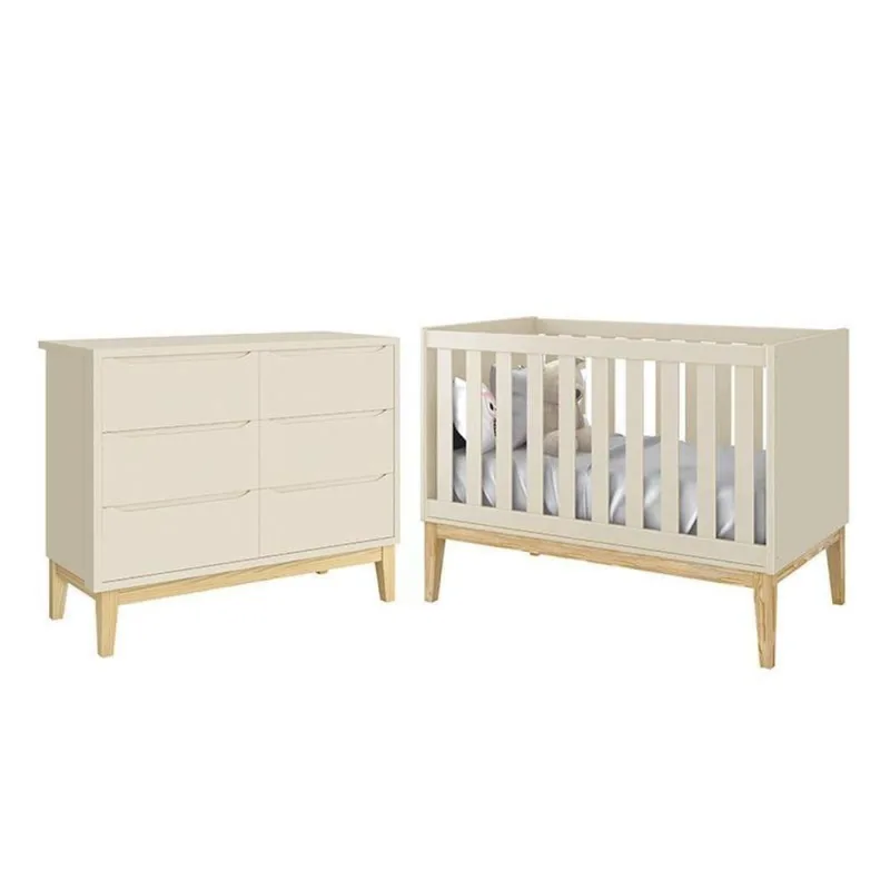 Jogo de Quarto Infantil Classic Cômoda 6 Gavetas e Berço MDF Puxador Embutido Areia Fosco Reller - OUTRAS - Agro